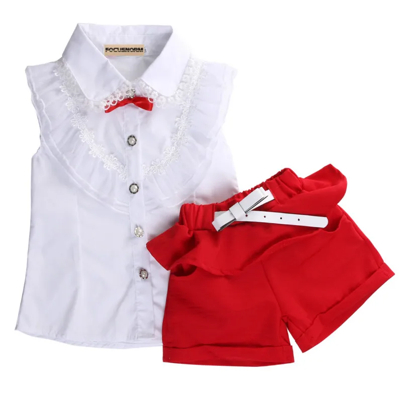 

2016 Girls Summer Casual Clothes Set Children Short Sleeve Lace shirt Pants Suits Kids Clothing Sets