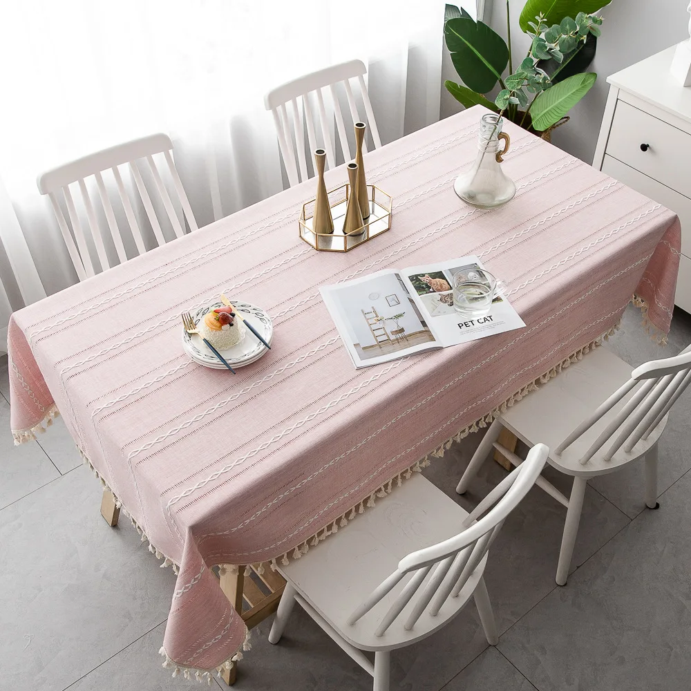  Nordic Christmas Tablecloth Pink Hollow Embroidered Jacquard Striped Rectangle Table cloth Cotton L