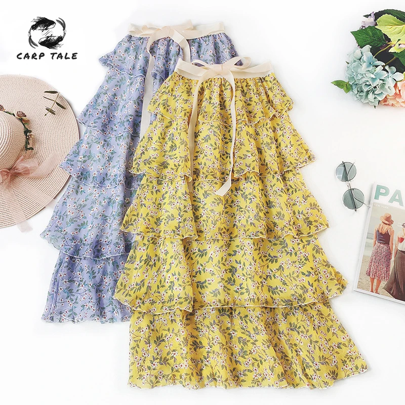 

Cake skirt 2019 spring and summer fashion port temperament simple wild small fresh printed chiffon skirt Fairy half skirt