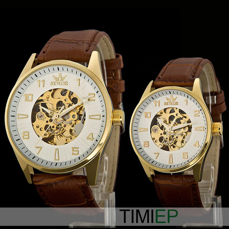 Gold men casual Analog couples watch Fashion Brown Leather Skeleton Mechanical Lovers Wrist Watch Gold men casual Analog couples watch Fashion Brown Leather Skeleton Mechanical Lovers Wrist Watch