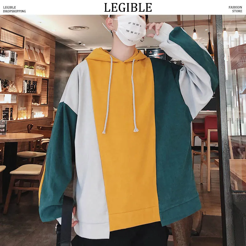 

LEGIBLE Harajuku Hoodies Men 2019 Mens Patchwork Oversized Sweatshirts Male Spring Autumn Hip Hop Hooded Streetwear Hoodie