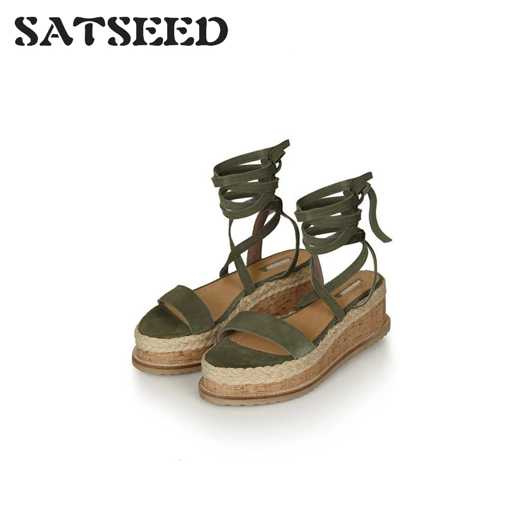 

European and American 2018 New Summer Herba Braided Hemp Rope Slope and Roman Cross-strapped Women's Shoes Open-toed Sandals