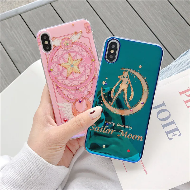 

Anime Sailor Moon Phone Case For iPhone 6 6s 7 8 Plus X XR XS Max KINOMOTO SAKURA Glitter Bling For iPhone X Female Phone Case