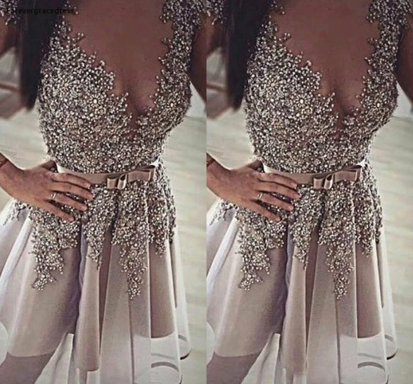 Gray Short Homecoming Dresses Sheer Neck Beaded Appliqued Tulle V Neck A Line Party Prom Gowns Knee Length Cocktail Dress BA9927  129 (1)