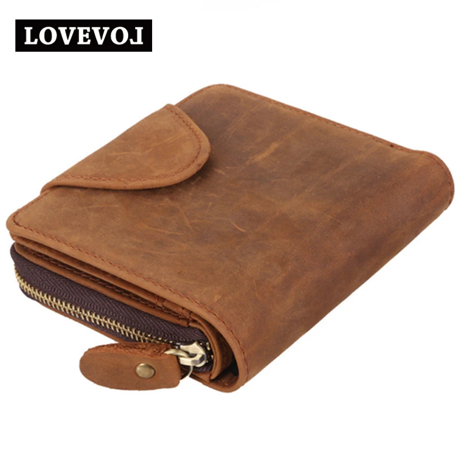 Crazy Horse Leather Wallets Men Vintage Brown Solid Short Design Zipper Hasp Men Purse crazy horse quality Men's Wallet 010A1