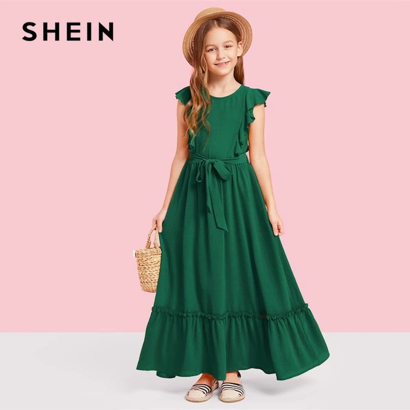 SHEIN Kiddie/Бордовое платье на молнии с рюшами сзади для девочек-подростков; вечерние платья макси для девочек; коллекция года; сезон лето; зеленое платье трапециевидной формы без рукавов для девочек