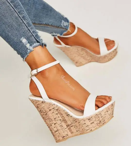 

Carpaton Sexy Open Toe Platform Wedge Sandals Woman Summer Ankle Strap Heels Super High Cutouts Gladiator Sandal White Black