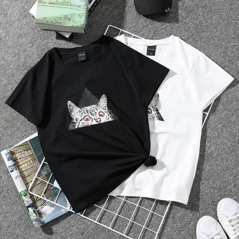 EXOTAO для женщин черный белый цвет футболки Kawaii с принтом кота Футболка Рубашка