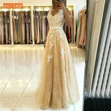 Elegant V Neck Gold Prom Dresses Prom Gowns Long Banquet Tulle A Line Lace Appliques Customized Women Party Formal Dress