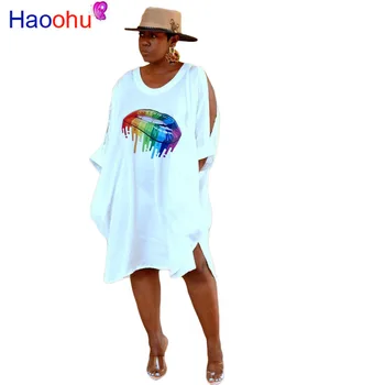 

HAOOHU Summer Autumn Women Dress Sexy Party Dresses Vestidos Plus Size Lips Print Solid Loose Shirt Dress Casual