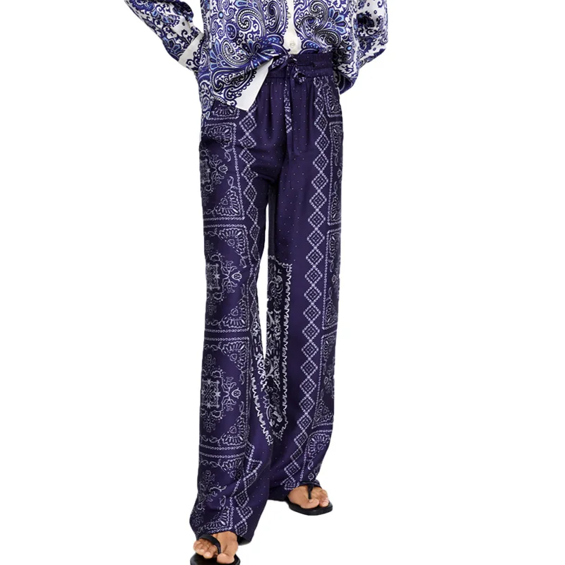 

2019 summer pants women casual wide leg pants printing womens clothing high waist pants lace-up trousers women
