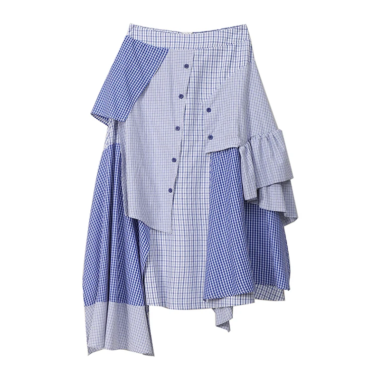 Korean Style Women Summer Asymmetrical Blue Striped Casual Skirt Ruffles Elastic Waist Ladies Stylish Skirt Robe Femme 5243