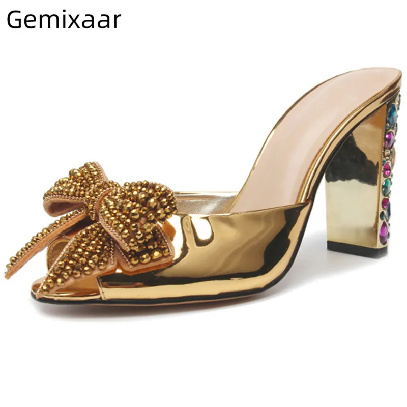 

Rivet Bow-knot Slippers Shoes Woman Peep Toe Slim Shallow Beach Shoes Chunky Square High Heel Studded Colorful Jewelry Slippers