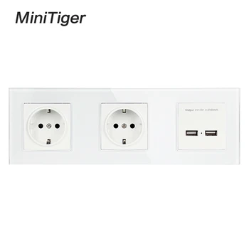 

Minitiger Wall Crystal Glass Panel Double Socket 16A EU Electrical Outlet Dual USB Smart Charging Port 5V 2A Output White Color