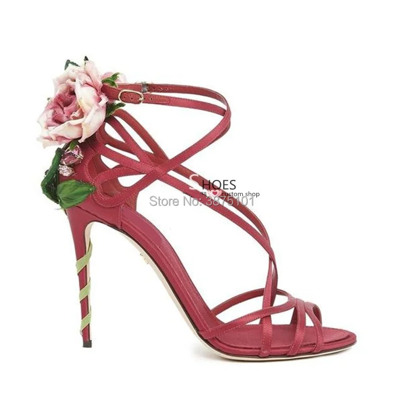 Sweet Red Rose Flower Sexy Dress Wedding Shoes Women Cross Lacing Ankle Strap Peep Toe High Heels Sandals Floral Shoes Woman 42 Women's Shoes