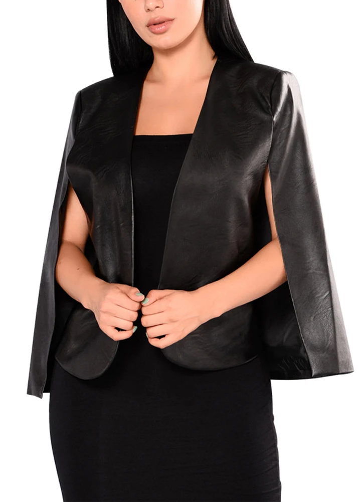 

Fashion Women PU Leather Jacket Open Front Split Loose Cape Cloak Coat Street Outerwear female Office Work Wear Coat Lady Black