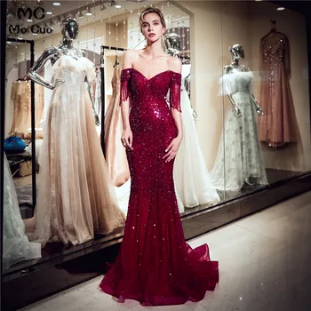 

Mermaid Burgundy Off Shoulder Evening Prom Dresses Long Heavy Beaded Crystals Short Sleeve Tulle Evening Party Dress for Women