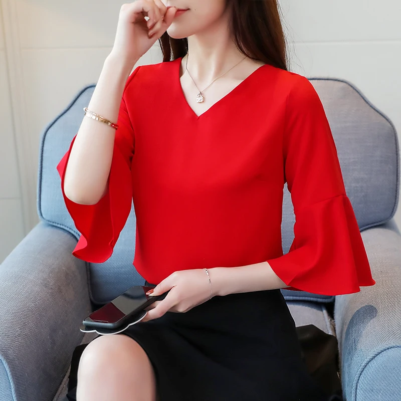 

Red Chiffon Blouse Shirt Summer 2019 New Fashion blusa Half-Sleeve Women Top V-Neck Female Sexy Elegant Women's Clothing 832i3