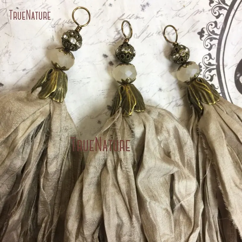 TPO14385-Sari Silk Tassel Pendant Taupe Beige Sari Silk Bohemian Style Tassel Pendant Antique Brass Flower Bead Cap  (2)