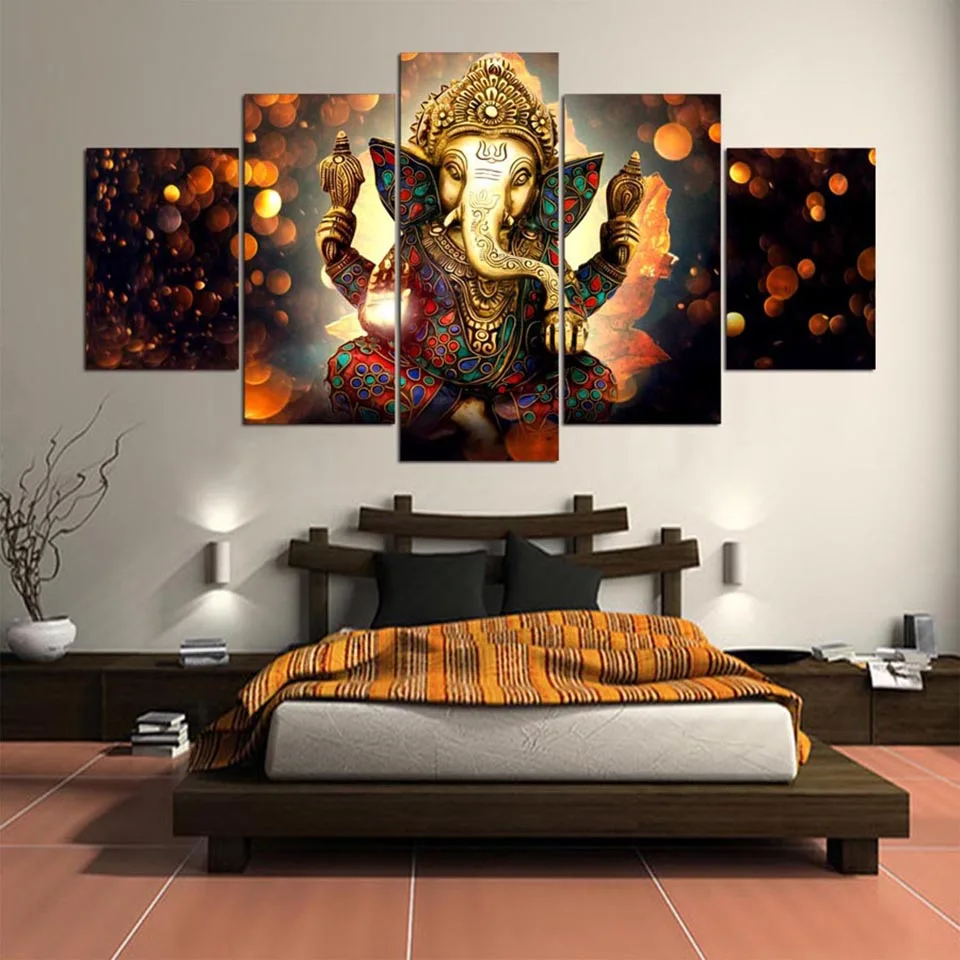 Posters Modern Wall Art Pictures Framework 5 Panel Elephant Trunk God Ganesha Home Decoration Living Room HD Printed Painting