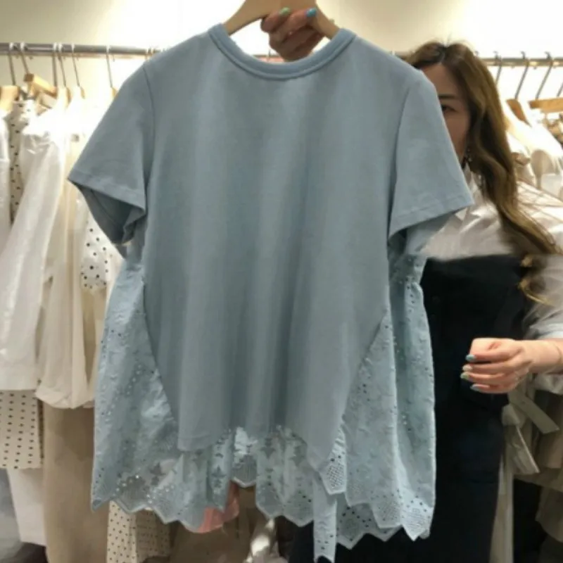 

Women O-neck Batwing Sleeve Casual T Shirt Korean Patchwork Lace T-Shirt Solid Short Sleeve Loose Tee