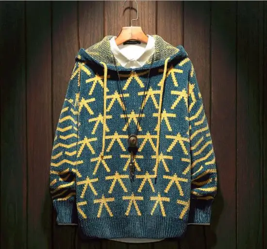 2019 New Men Sweater Pullover Japanese Male O-Neck Pattern Baggy Knitting Mens Autumn Winter Hooded Sweaters Casual Knitwear 5XL