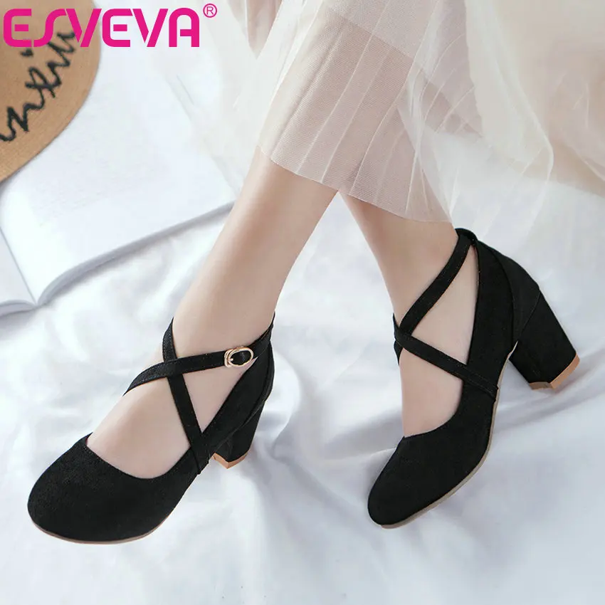 

ESVEVA 2019 Women Sandals Summer Flock Shoes Round Toe Shoes Women Elegant Sandals Square High Heels Shoes Cross-tied Size 34-43