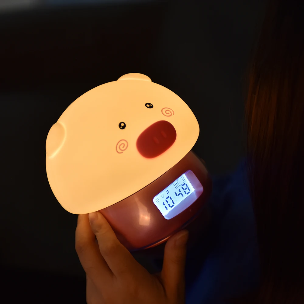3 in 1 Pig LED Night Light with Alarm Clock Recorder Remote Touch Sensor Colorful USB Silicone Children Kids Baby Bedside Lamp (17)