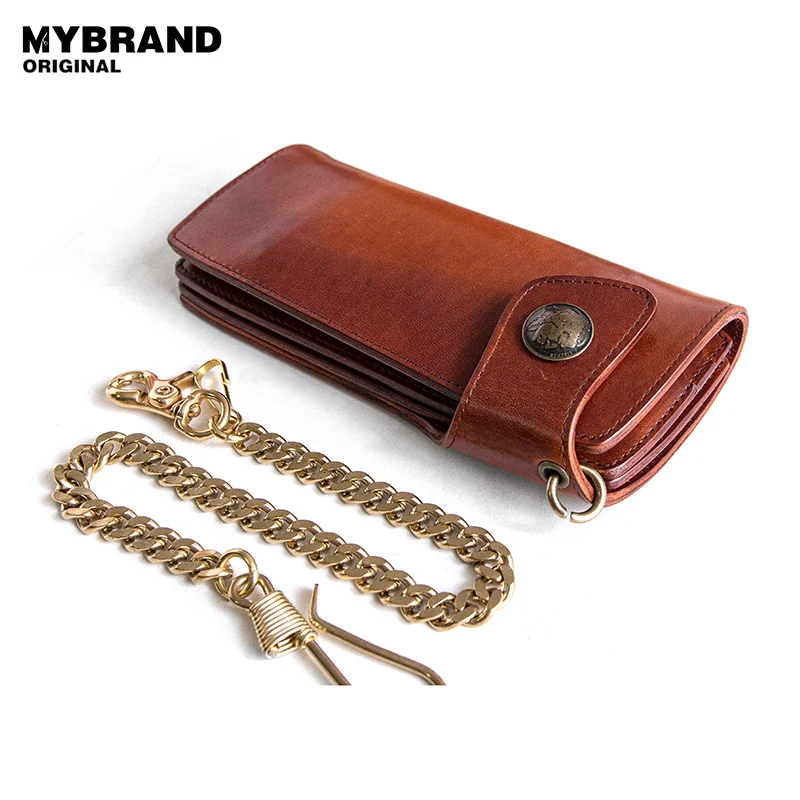 MYBRANDORIGINAL Cow Leather Long Wallet For Men Vintage Genuine Leather Metal Chain Purse with ...