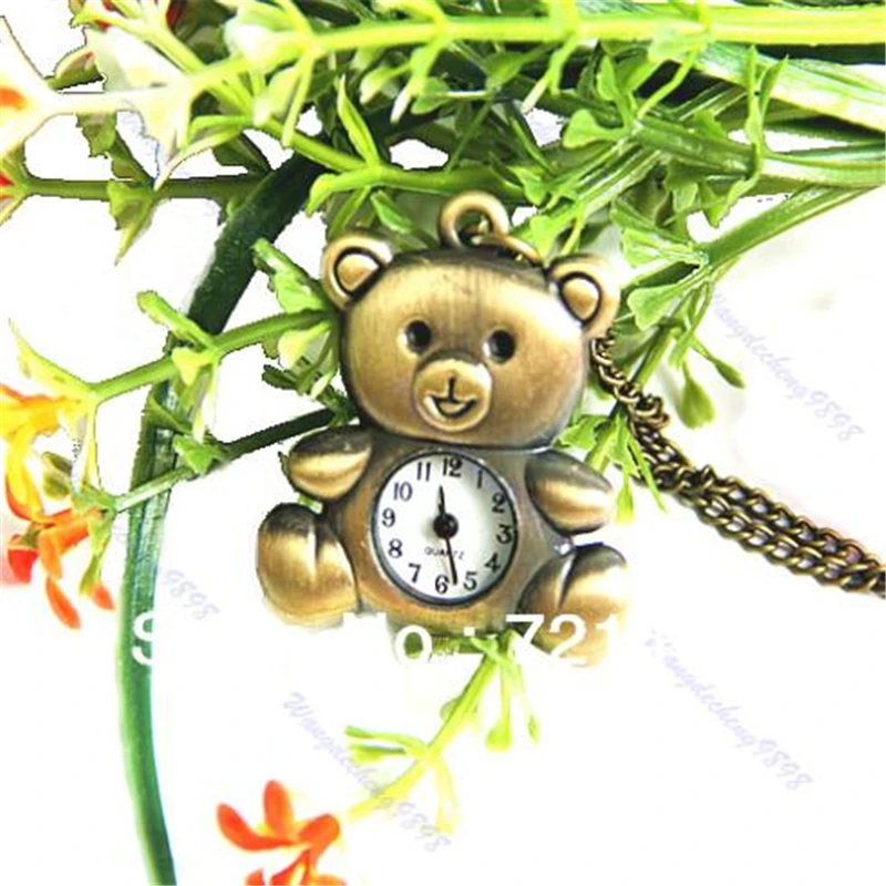 

2Pcs/Lot Vintage Bronze Cute Bear Keychain Pocket Watch Clock