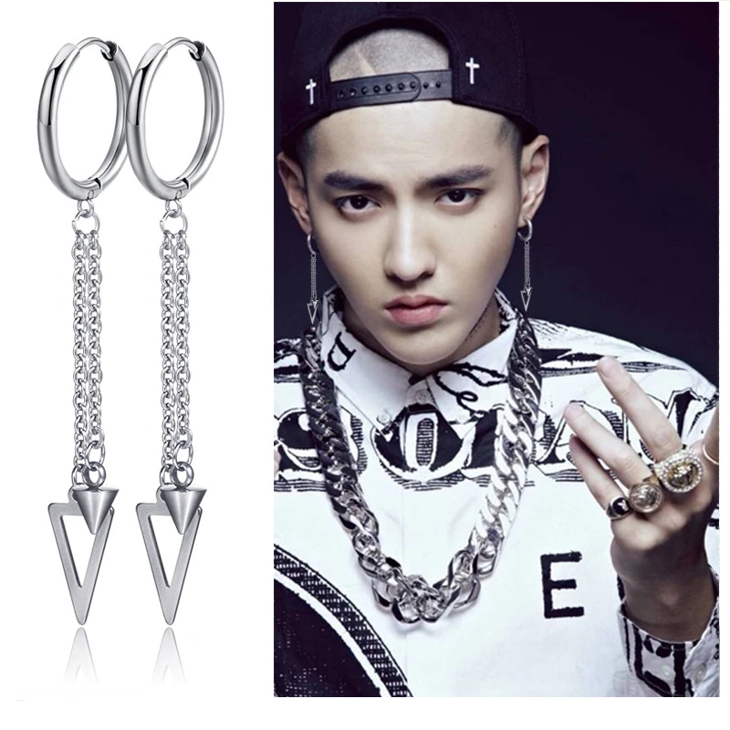 

SexeMara 1pc KPOP DNA Korean Star V Fashion Boys Album Triangle Tassel Chain Stud Earrings Jewelry Accessories for Mens Women