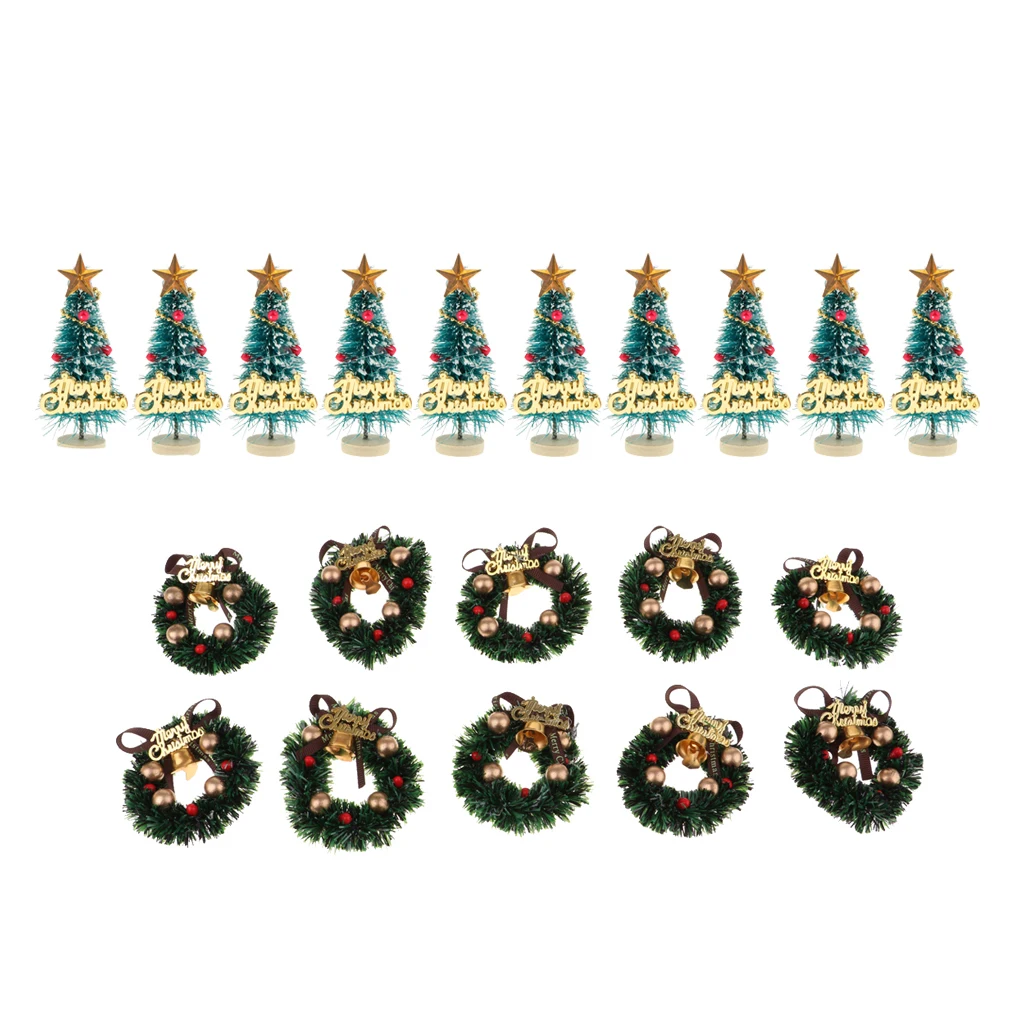 Pack of 20 Pieces Miniature Hanging Christmas Tree & Xmas Wreath Ornaments - Dollhouse Door Decor Kids Pretend Play Toy