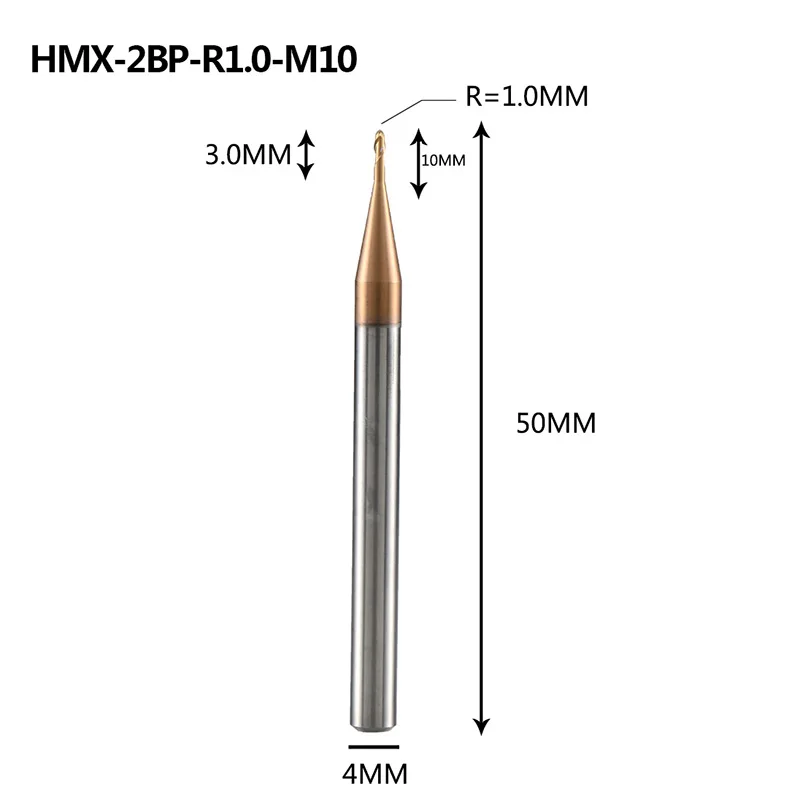 HMX-2BP R0.75-R2.5 твердосплавная Концевая фреза 2 флейты с круглым носом и длинным горлом Фрезерный резак с ЧПУ Режущий инструмент для закаленной стали HRC68 - Длина режущей кромки: HMX-2BP-R1.0-M10