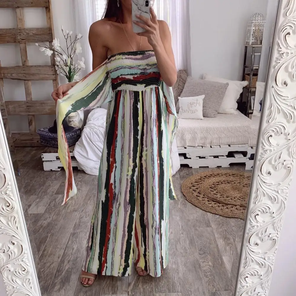 Fashion Striped Off Shoulder Jumpsuits Women Print Blackless Summer Ladies Rompers Bow Casual Overalls Loose Beach Playsuit Fashion Striped Off Shoulder Jumpsuits Women Print Blackless Summer Ladies Rompers Bow Casual Overalls Loose Beach Playsuit