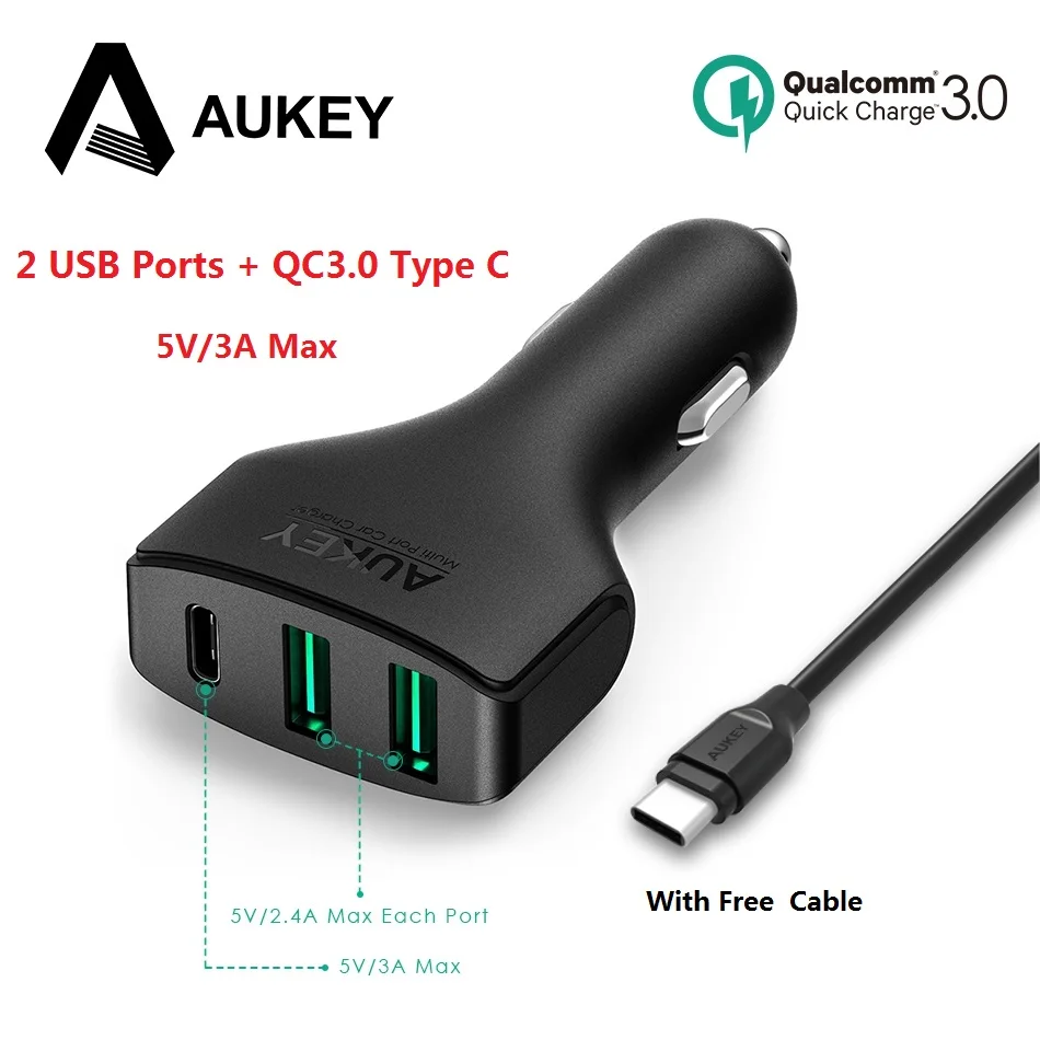 USB Type C Car Phone Charger, AUKEY 49.5W USB Car Charger with Quick