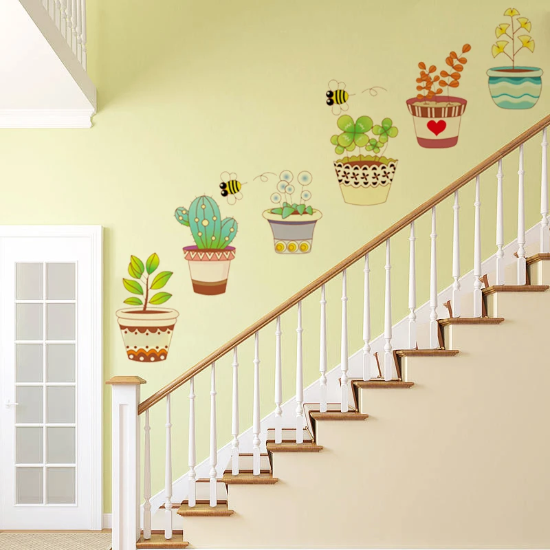 Creative Pastoral Bonsai Pot Flower Plant Wall Stickers Pvc Decoration Window Sticker Decorative Home Living Room Stairs Decals