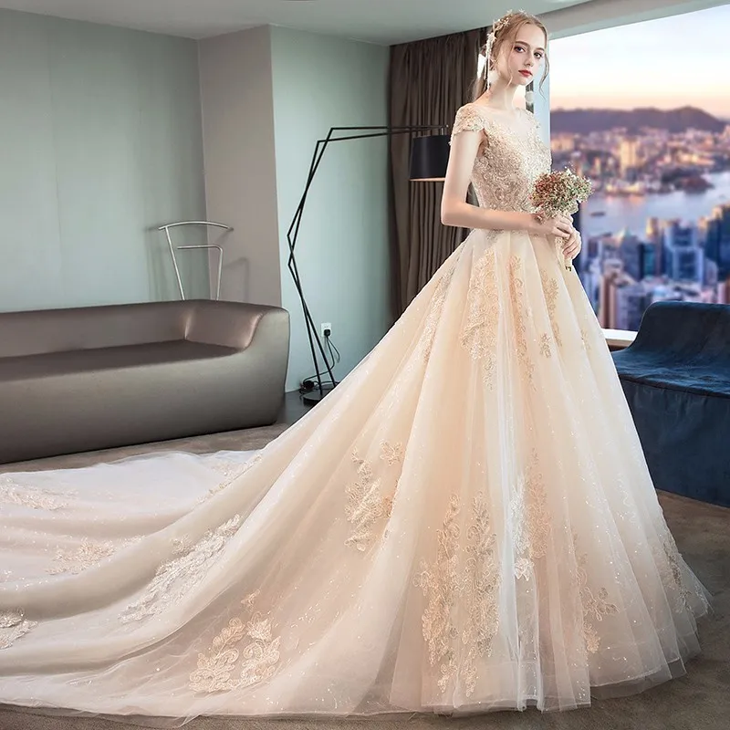 Robe De Mariage роскошное свадебное платье бальное платье с коротким рукавом Свадебные платья Шампанское принцесса свадебное платье с длинным хвостом