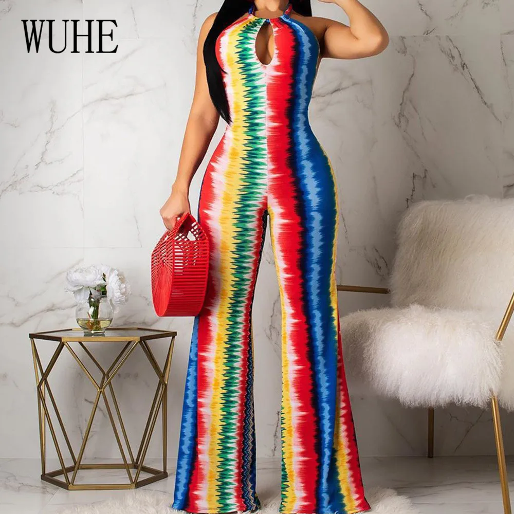 WUHE Retro Sleeveless Open Back Halter Jumpsuits Summer Sexy Hollow Out Wide Leg Playsuits Femme Casual Party Dyeing Bodysuits WUHE Retro Sleeveless Open Back Halter Jumpsuits Summer Sexy Hollow Out Wide Leg Playsuits Femme Casual Party Dyeing Bodysuits