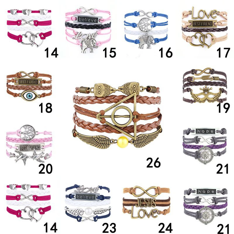 2015 Fine Jewelry Multilayer Leather Bracelet Fashion Mask Jesus Anchors Infinity Heart Owl Wings Charm Bracelets Pulseira | Украшения и