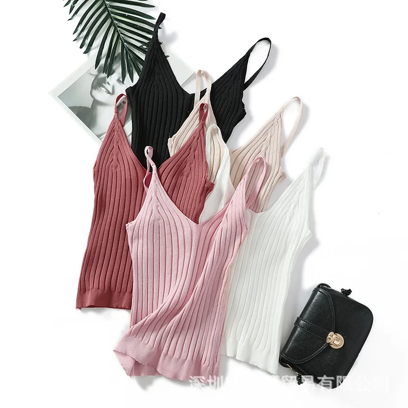 

New Summer women's wear knitted V collar sleeveless pure color sexy scuff sling vest