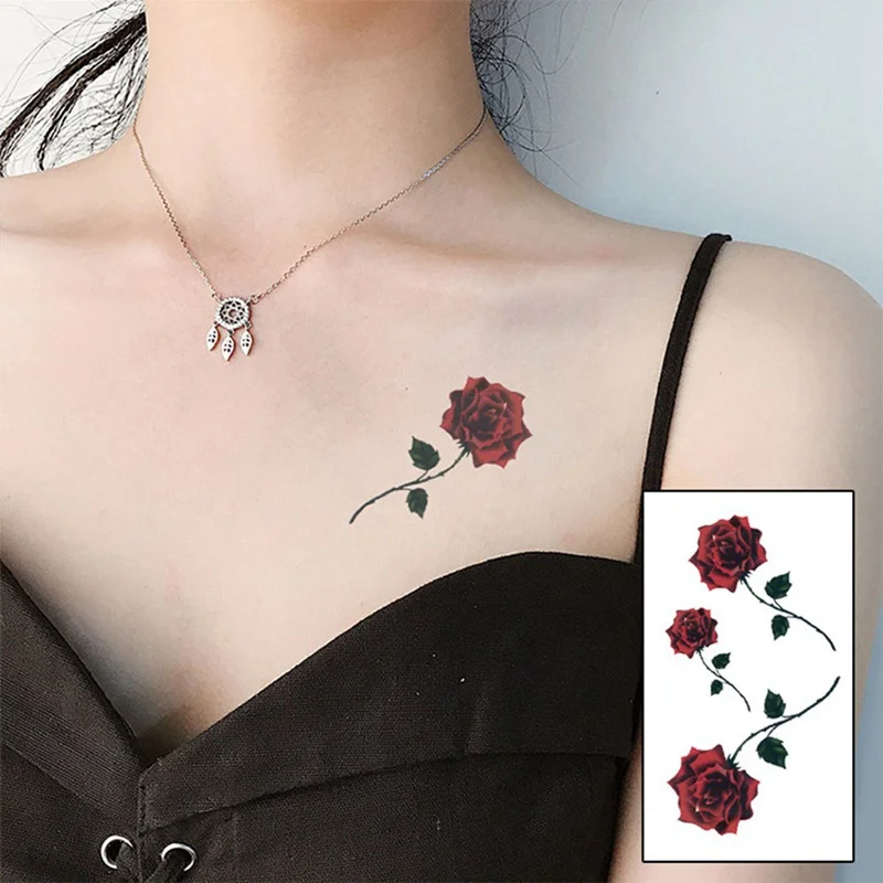 

Red Color Rose Blossom Flower Brand New Fashion Waterproof Temporary Tattoo Sticker Tatoo Tatto Men Women Flash Fake Henna