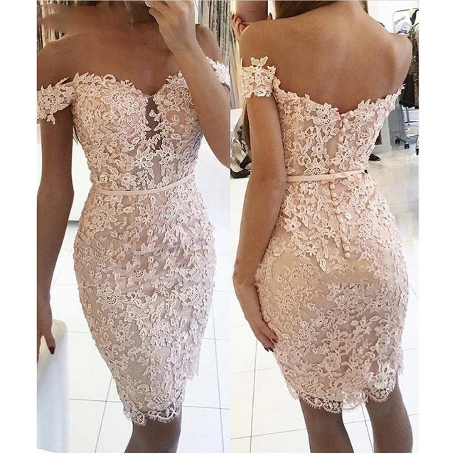 191Elegant Sheath Off The Shoulder Lace Beaded Champagne Party Homecoming Dresses vestidos de graduacion 2018 Short Prom Dress