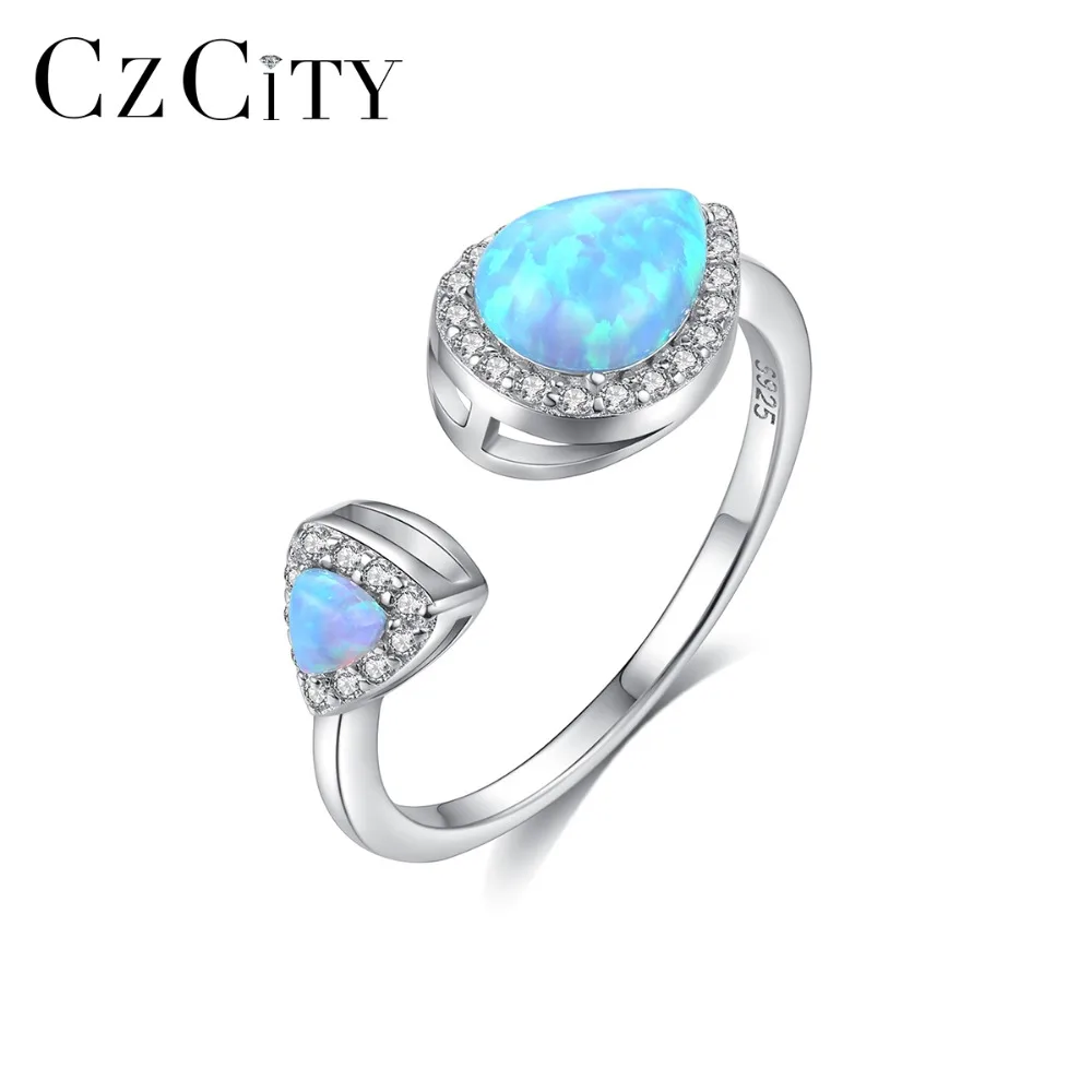 

CZCITY Brand Design Waterdrop Double Fire Opal Cuff Ring for Women Sterling Silver Romantic Lover Open 925 Korean Trendy Jewelry