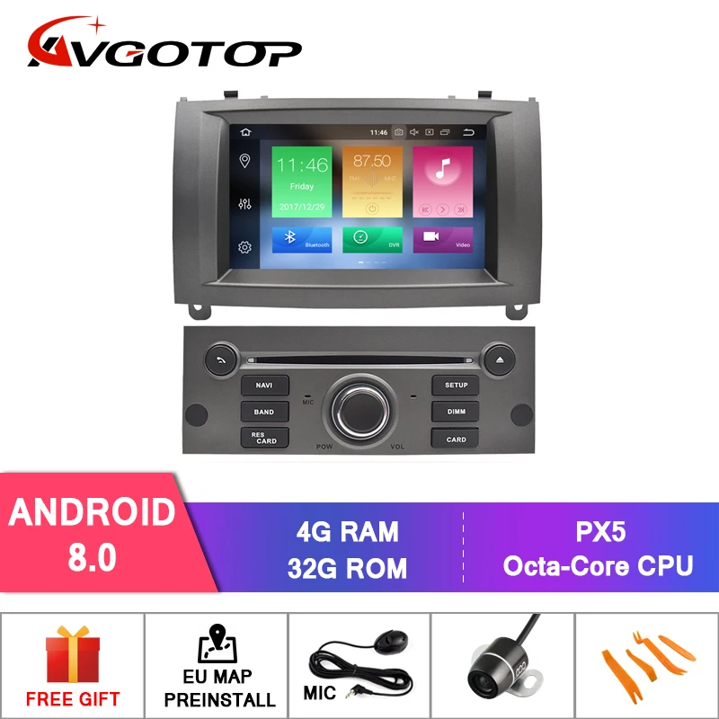 Автомобильный dvd-плеер AVGOTOP для PEUGEOT 407, Android 8,0, ips, HD экран, стерео, 8, четыре ядра+ DVR/wifi+ DSP+ DAB+ OBD навигация