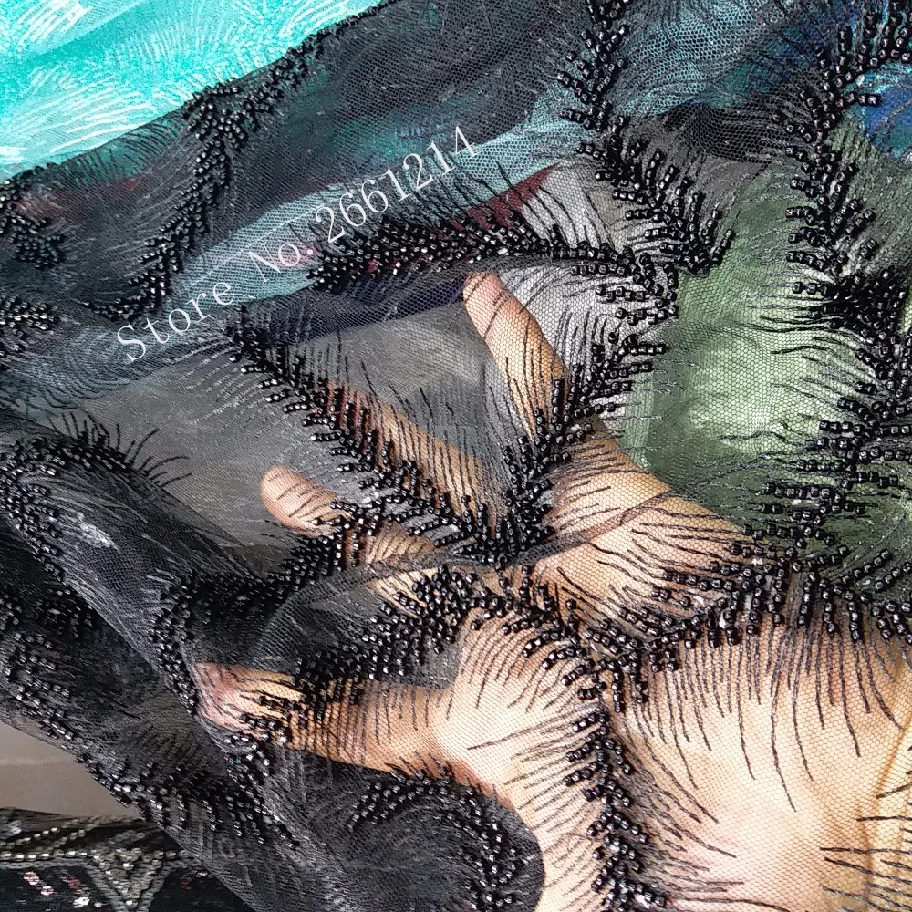 Роскошная вышитая Тюлевая ткань из бисера африканская чистая кружевная ткань BZLC-17453 с множеством бусин черного цвета