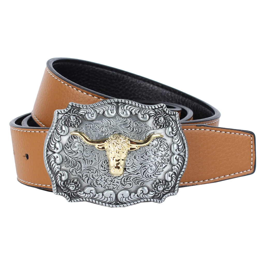 Womens Mens Vintage Western Cowboy Leather Belt Waistband Arabesque Cow Head Buckle Adjustable Leather Belt 