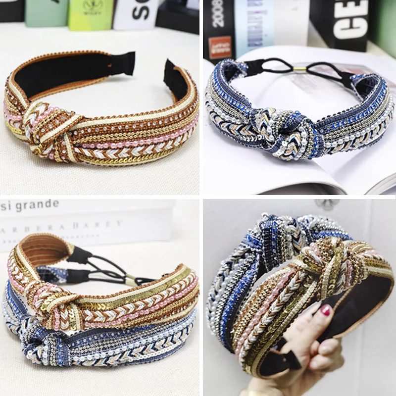 

Hand made Bohemian Summer Hairband For Women Top Knot Headband Weaving Sequins Hair Hoop Band Lady Fashion Hair Accessories