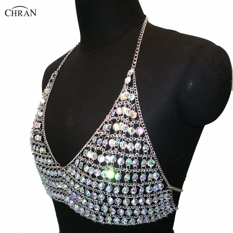 Chran Chain AB Gem Crop Топы блестящий топ пляжная одежда Жгут ожерелье богемное женское
