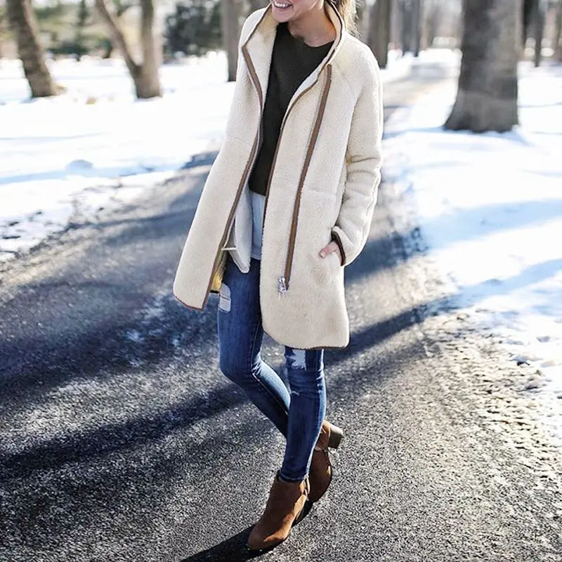 

Female Zipper Long Sleeve Winter Woolen Coat Women Mandarin Pockets Slim Autumn Thick Long Ladies Coats Fashion Solid Overcoat