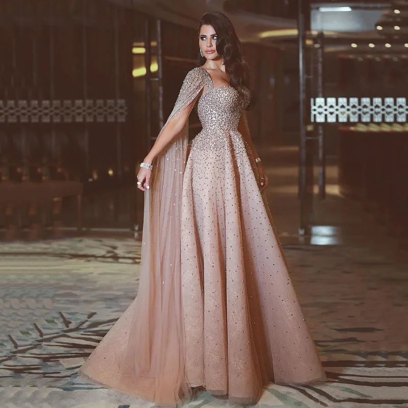 Amazing Arabic Long Evening Gowns 2018 Champagne Eye-catching Beaded Sequins Fairy Prom Gowns Haute Couture Formal Party Dress199